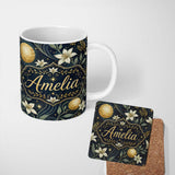 Personalized Custom Name Glowing Red Poppy Flowers Stars Night Sky Seamless Pattern Lovely 11oz Ceramic Coffee Tea Mug White Large Handle
