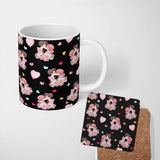 Personalized Custom Name Romantic Couple Kissing Floral Bouquet Hearts Seamless Pattern Black 11oz Ceramic Coffee Tea Mug White Large Handle