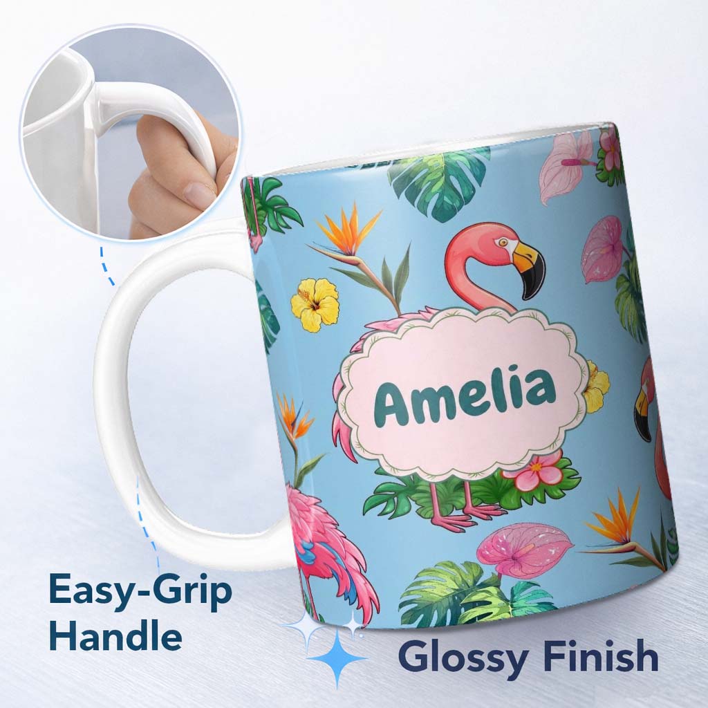 Personalized Custom Name Tropical Flamingo Bird with Exotic Flowers Leaves Pattern Blue 11oz Ceramic Coffee Tea Mug White Large Handle