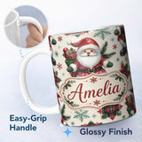 Personalized Custom Name Cute Santa Character Gifts Snowflakes Seamless Pattern Lovely 11oz Ceramic Coffee Tea Mug White Large Handle
