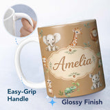 Personalized Custom Name Safari Animals with Elephant Lion and Crocodile on Warm Tan Lovely 11oz Ceramic Coffee Tea Mug White Large Handle