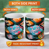Personalized Custom Name Colorful Sushi Bento Boxes with Salmon and Rolls Pattern Food Theme 11oz Ceramic Coffee Tea Mug White Large Handle
