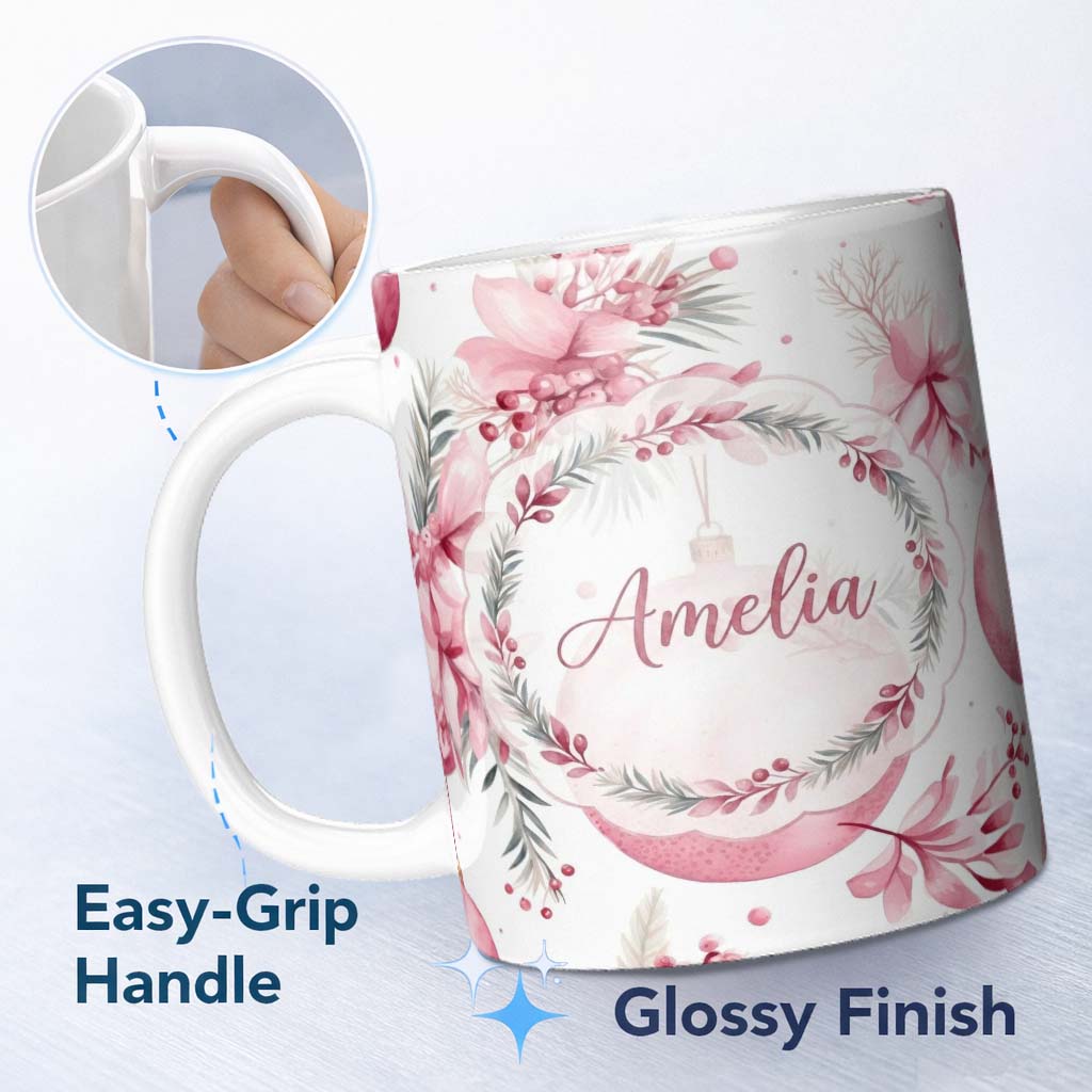 Personalized Custom Name Elegant Pink Watercolor Floral Baubles Winter Holiday Seamless 11oz Ceramic Coffee Tea Mug White Large Handle