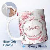 Personalized Custom Name Elegant Pink Watercolor Floral Baubles Winter Holiday Seamless 11oz Ceramic Coffee Tea Mug White Large Handle