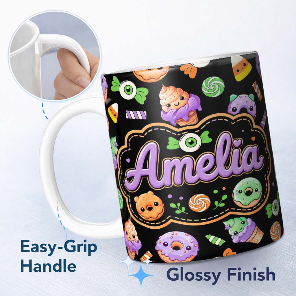 Personalized Custom Name Cute Halloween Candy Donuts Ice Cream Kawaii Pattern Light Grey 11oz Ceramic Coffee Tea Mug White Large Handle