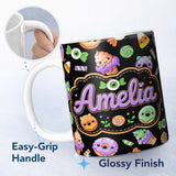 Personalized Custom Name Cute Halloween Candy Donuts Ice Cream Kawaii Pattern Light Grey 11oz Ceramic Coffee Tea Mug White Large Handle