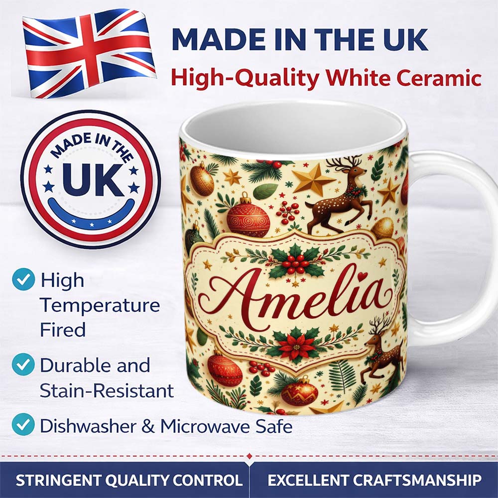 Personalized Custom Name Festive Christmas Reindeer Baubles Stars and Holly Berry Elements 11oz Ceramic Coffee Tea Mug White Large Handle
