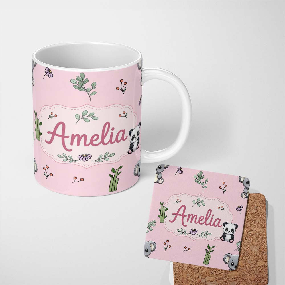Personalized Custom Name Cute Panda Bear with Bamboo Leaves Floral Pattern Blush Pink Lovely 11oz Ceramic Coffee Tea Mug White Large Handle