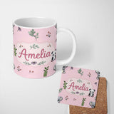 Personalized Custom Name Cute Panda Bear with Bamboo Leaves Floral Pattern Blush Pink Lovely 11oz Ceramic Coffee Tea Mug White Large Handle