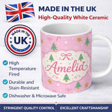 Personalized Custom Name Cute Christmas Trees Gingerbread Candy Pink Seamless Pattern Lovely 11oz Ceramic Coffee Tea Mug White Large Handle