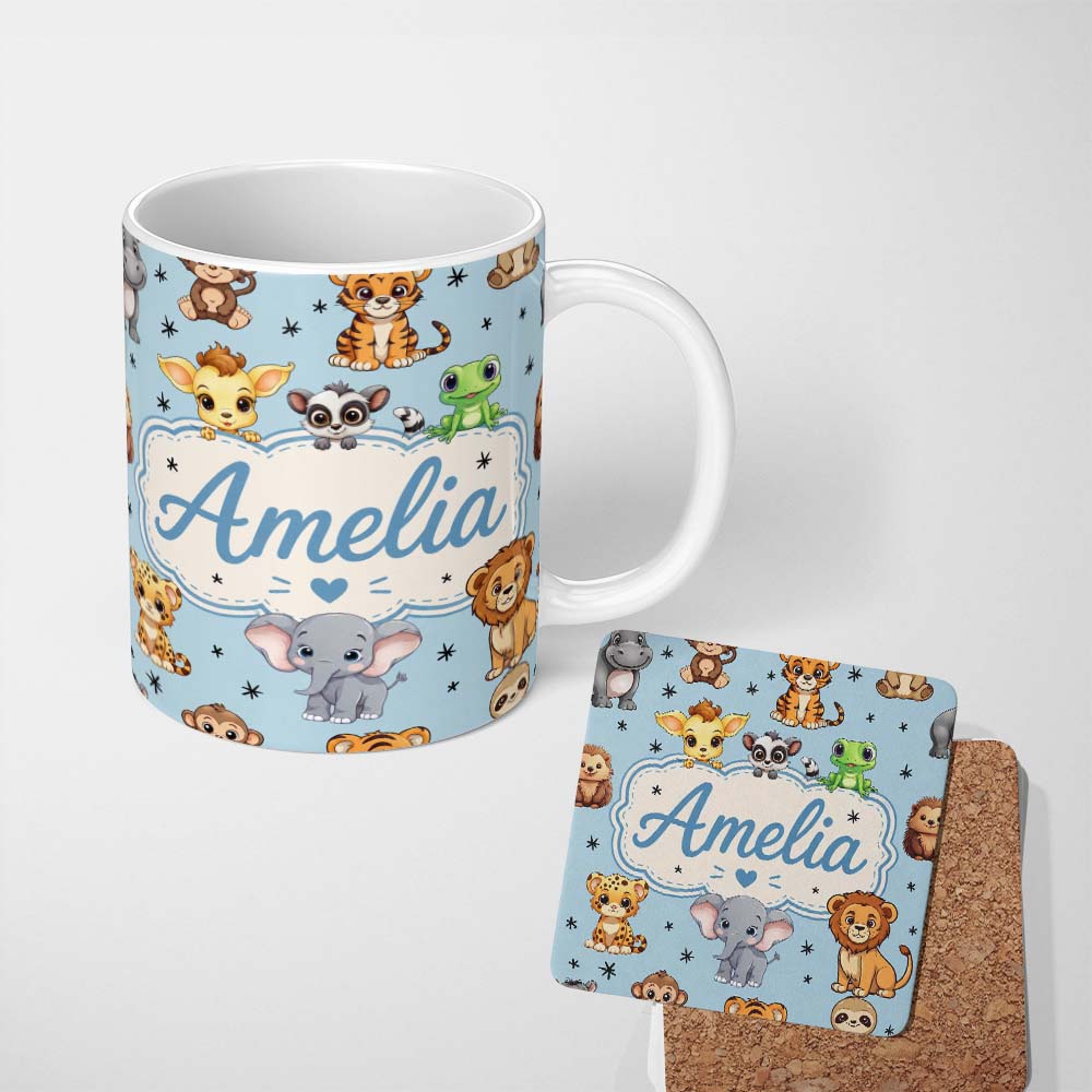 Personalized Custom Name Cute Jungle Baby Animals Lion Tiger Elephant Giraffe Pattern Blue 11oz Ceramic Coffee Tea Mug White Large Handle