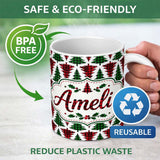 Personalized Custom Name Buffalo Plaid Christmas Trees in Red and Green Rustic Seamless 11oz Ceramic Coffee Tea Mug White Large Handle