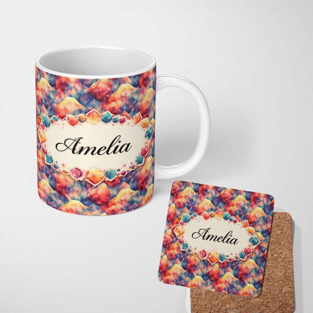 Personalized Custom Name Vibrant Abstract Crystal Brushstroke Seamless Pattern Lovely 11oz Ceramic Coffee Tea Mug White Large Handle
