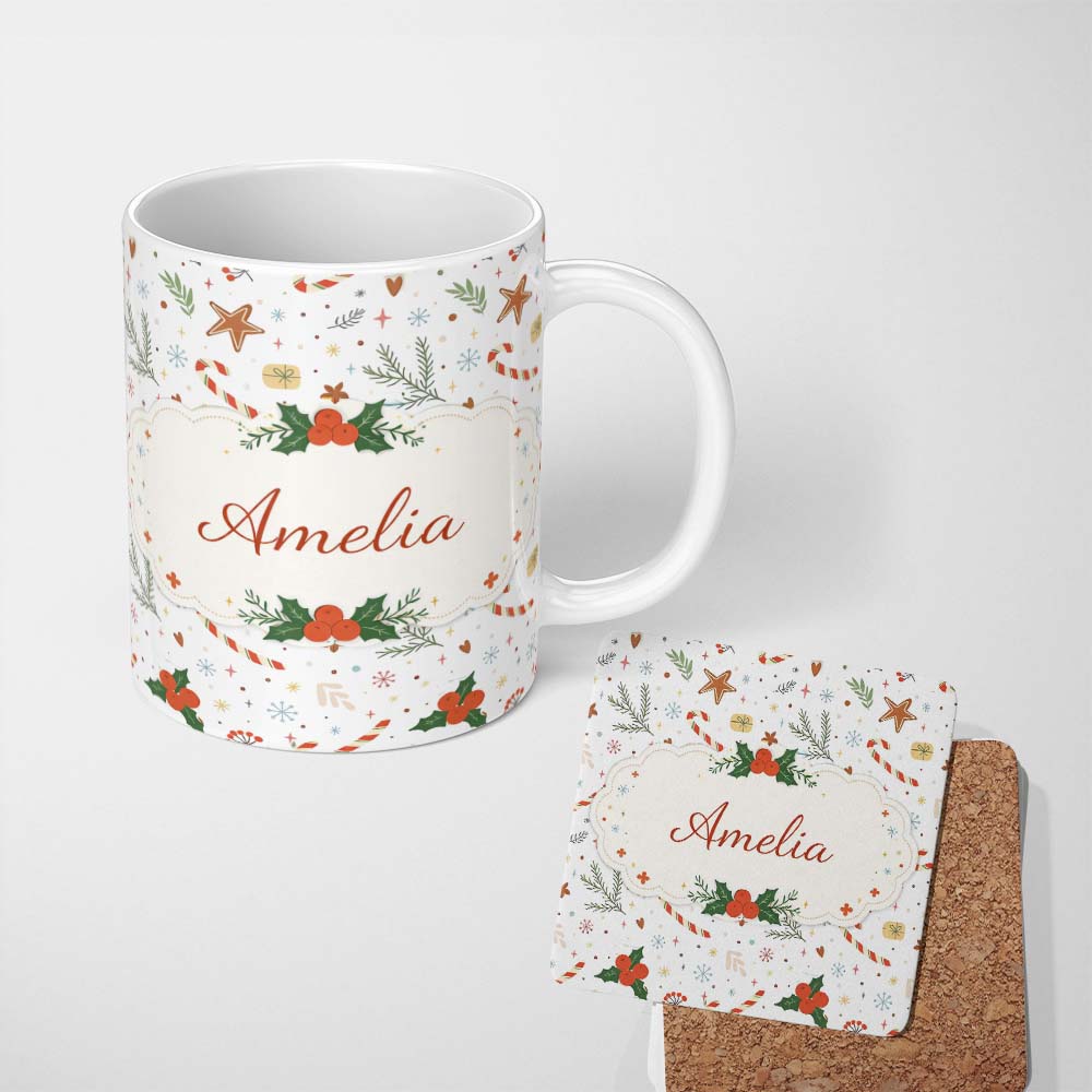 Personalized Custom Name Minimal Christmas Candy Cane Star Pattern Cute Seamless Design 11oz Ceramic Coffee Tea Mug White Large Handle