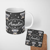 Personalized Custom Name Cute Cartoon Koala Bears with White Stars on Dark Grey Background 11oz Ceramic Coffee Tea Mug White Large Handle