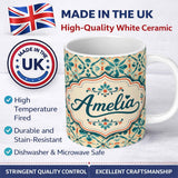 Personalized Custom Name Teal and Coral Geometric Floral Tile Pattern on Warm Cream Lovely 11oz Ceramic Coffee Tea Mug White Large Handle