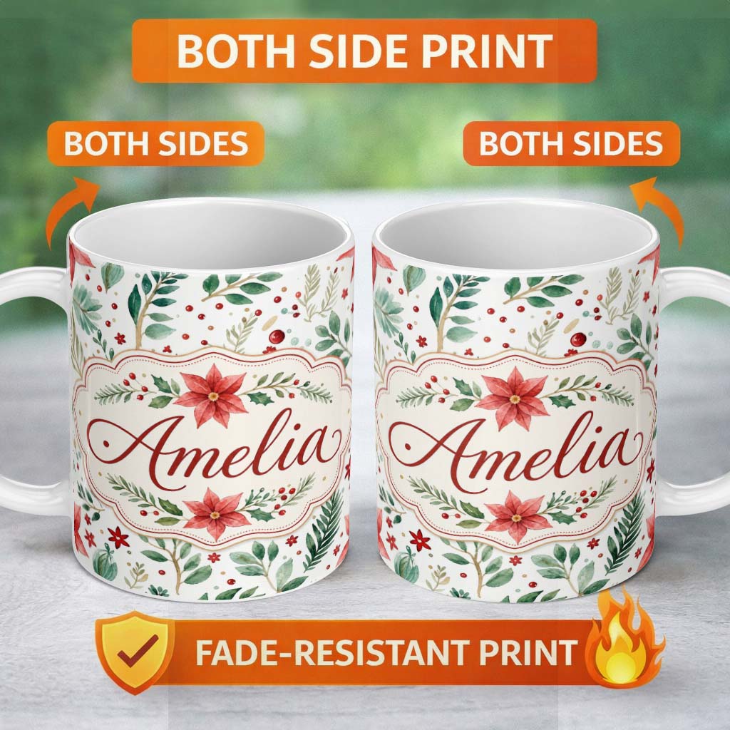 Personalized Custom Name Delicate Christmas Poinsettia Leaves Botanical Watercolor Seamless 11oz Ceramic Coffee Tea Mug White Large Handle