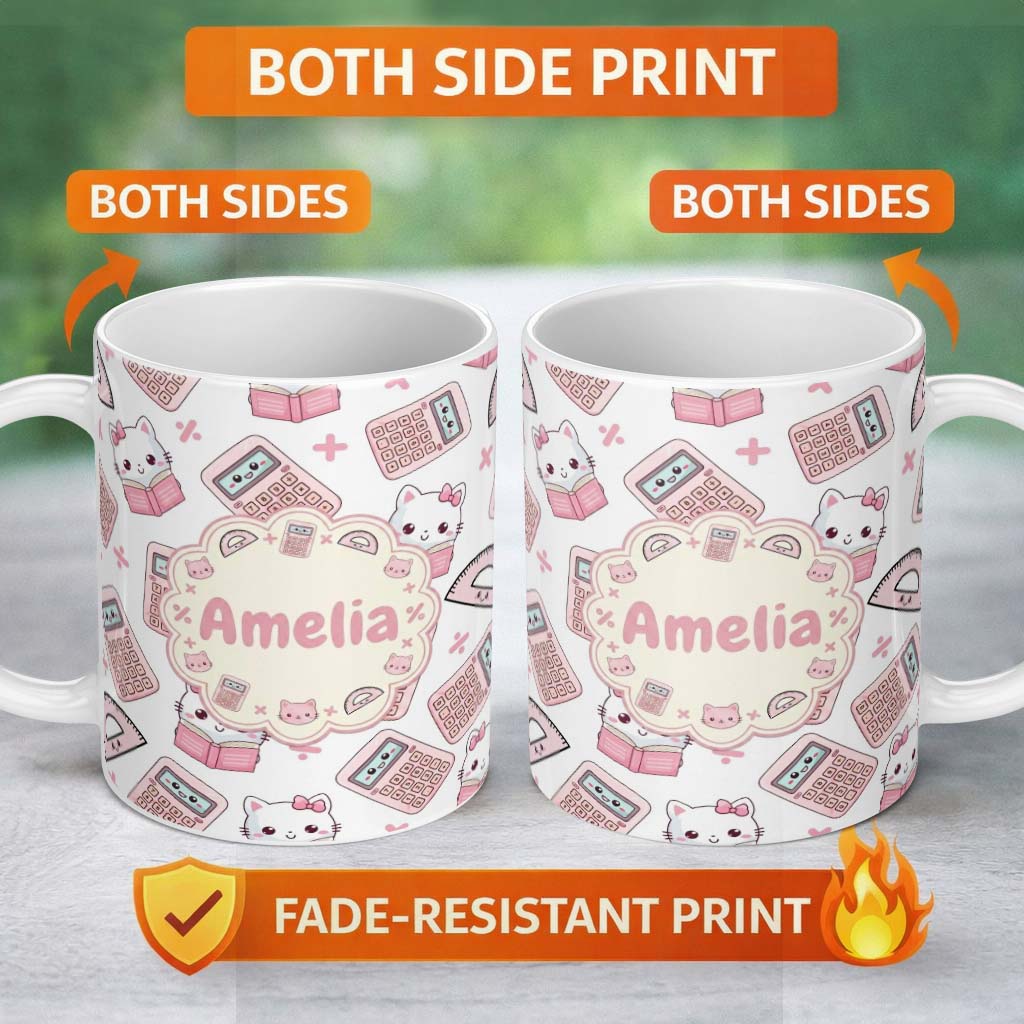 Custom Name Cute Kawaii Maths Cat Calculator Ruler Seamless Pattern White Lovely 11oz Ceramic Coffee Tea Mug White Large Handle
