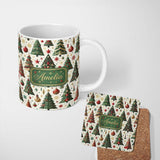 Personalized Custom Name Classic Christmas Tree Ornaments and Festive Decor Seamless Pattern 11oz Ceramic Coffee Tea Mug White Large Handle