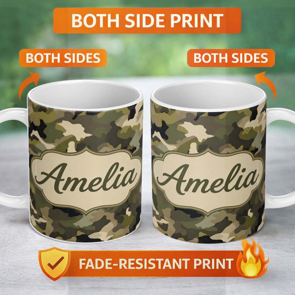 Personalized Custom Name Classic Green Army Camouflage Seamless Pattern Beautiful Coffee Cup 11oz Ceramic Coffee Tea Mug White Large Handle