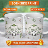 Personalized Custom Name Cute Panda Bamboo and Floral Minimal Seamless Pattern on Light Grey 11oz Ceramic Coffee Tea Mug White Large Handle