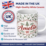 Personalized Custom Name Watercolor Christmas Trees with Red Snow Dots Seamless Pattern 11oz Ceramic Coffee Tea Mug White Large Handle