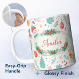 Personalized Custom Name Snowman Reindeer Wreath Winter Christmas Cute Seamless Pattern 11oz Ceramic Coffee Tea Mug White Large Handle