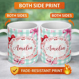Personalized Custom Name Watercolor Red and Pink Ribbon Bows Mint Gingham Check Background 11oz Ceramic Coffee Tea Mug White Large Handle