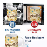 Personalized Custom Name Cute Farm Tractor Duck Girl with Clouds Beige Background Seamless 11oz Ceramic Coffee Tea Mug White Large Handle