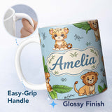 Personalized Custom Name Cute Jungle Animals Leaves Seamless Pattern Perfect Gift for Her 11oz Ceramic Coffee Tea Mug White Large Handle