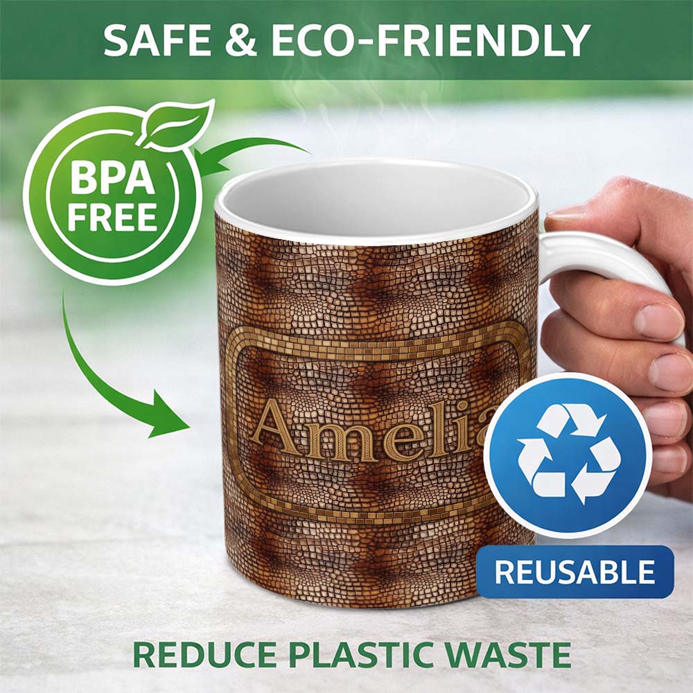 Personalized Custom Name Dark Textured Crocodile Skin Pattern Realistic Reptile Design Lovely 11oz Ceramic Coffee Tea Mug White Large Handle