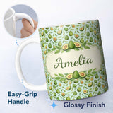 Personalized Custom Name Fresh Avocado Pear Leaf Seamless Pattern Soft Blue Background Lovely 11oz Ceramic Coffee Tea Mug White Large Handle
