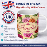 Personalized Custom Name Colorful Roses on Warm Beige Background Seamless Floral Pattern 11oz Ceramic Coffee Tea Mug White Large Handle