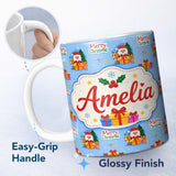 Personalized Custom Name Cute Santa Reindeer Gingerbread Merry Christmas Seamless Pattern 11oz Ceramic Coffee Tea Mug White Large Handle