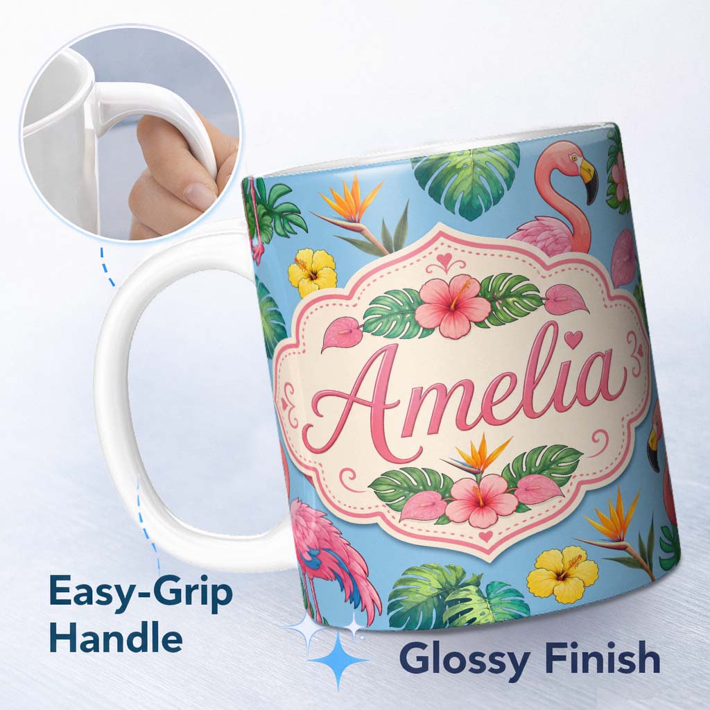 Personalized Custom Name Tropical Flamingo with Hibiscus Flowers and Leaves Sky Blue Lovely 11oz Ceramic Coffee Tea Mug White Large Handle