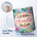 Personalized Custom Name Tropical Flamingo with Hibiscus Flowers and Leaves Sky Blue Lovely 11oz Ceramic Coffee Tea Mug White Large Handle
