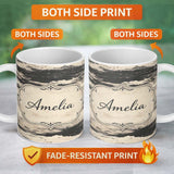 Personalized Custom Name Layered Stone Strata Black Cream Abstract Texture Pattern Lovely 11oz Ceramic Coffee Tea Mug White Large Handle