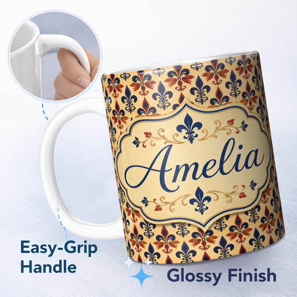 Personalized Custom Name Embossed Cream Fleur de Lis Pattern with Subtle Raised Texture 11oz Ceramic Coffee Tea Mug White Large Handle