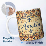 Personalized Custom Name Embossed Cream Fleur de Lis Pattern with Subtle Raised Texture 11oz Ceramic Coffee Tea Mug White Large Handle