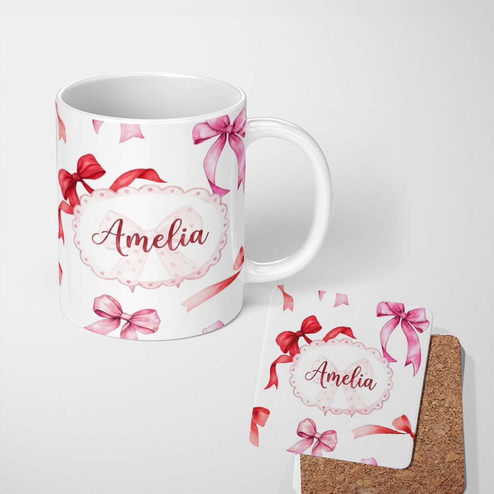 Personalized Custom Name Watercolor Red Pink Ribbon Bows Light Grey Background Cute Girly 11oz Ceramic Coffee Tea Mug White Large Handle