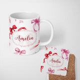 Personalized Custom Name Watercolor Red Pink Ribbon Bows Light Grey Background Cute Girly 11oz Ceramic Coffee Tea Mug White Large Handle