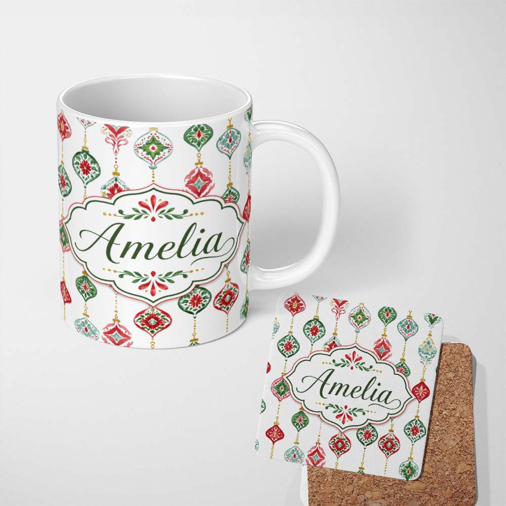 Personalized Custom Name Festive Christmas Ornament Watercolor Hanging Baubles Seamless 11oz Ceramic Coffee Tea Mug White Large Handle