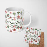 Personalized Custom Name Festive Christmas Ornament Watercolor Hanging Baubles Seamless 11oz Ceramic Coffee Tea Mug White Large Handle