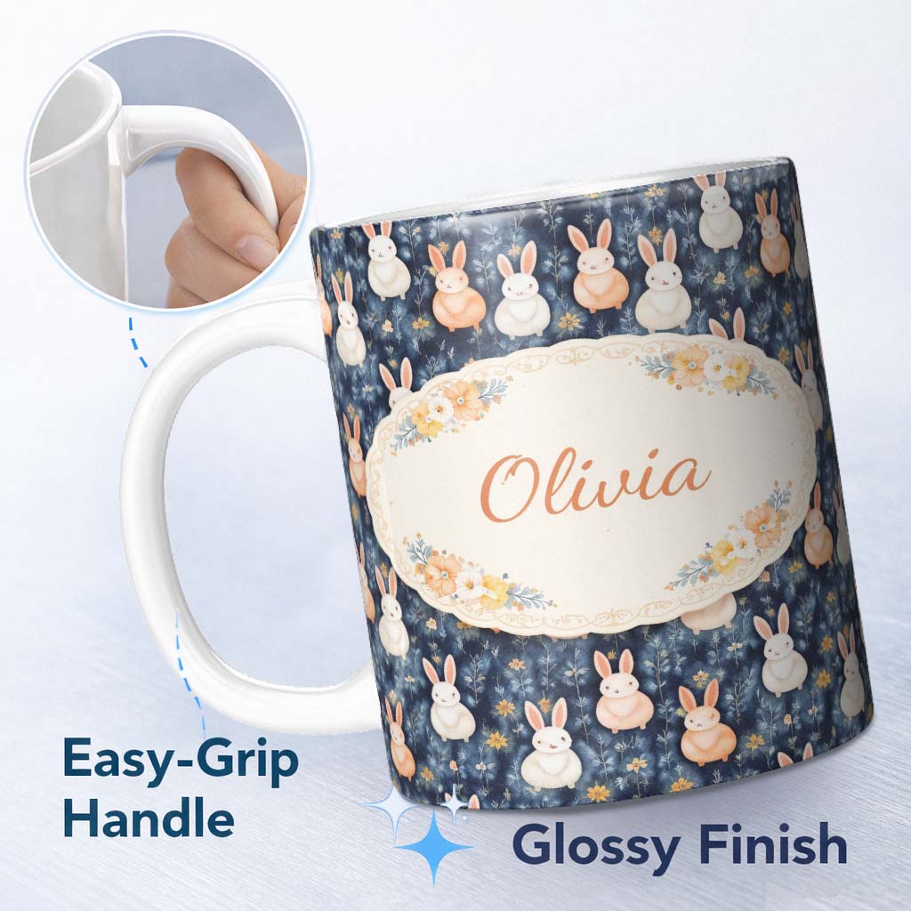 Personalized Custom Name Watercolor Bunny Meadow Floral Seamless Pattern Perfect Gift for Her 11oz Ceramic Coffee Tea Mug White Large Handle