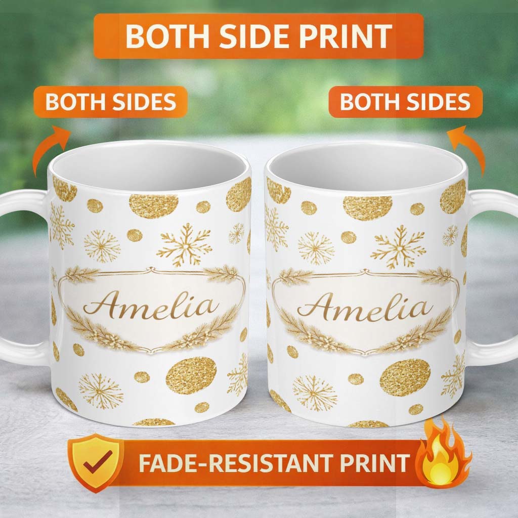 Personalized Custom Name Gold Snowflakes and Glitter Dots Seamless Pattern Cute Unique Gift 11oz Ceramic Coffee Tea Mug White Large Handle