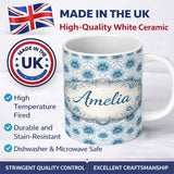 Personalized Custom Name Blue Floral Vintage Seamless Pattern Elegant Botanical Design Lovely 11oz Ceramic Coffee Tea Mug White Large Handle