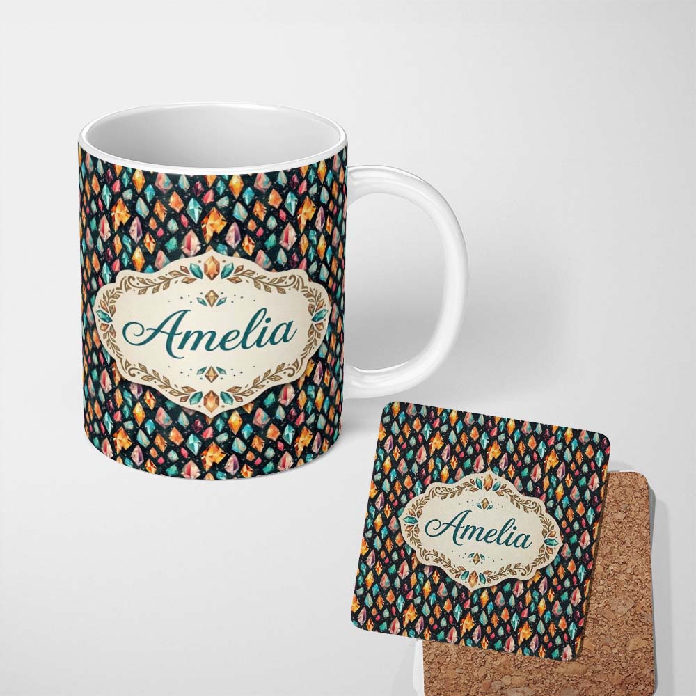 Personalized Custom Name Colorful Crystal Gemstone Dark Galaxy Background Fantasy Lovely 11oz Ceramic Coffee Tea Mug White Large Handle
