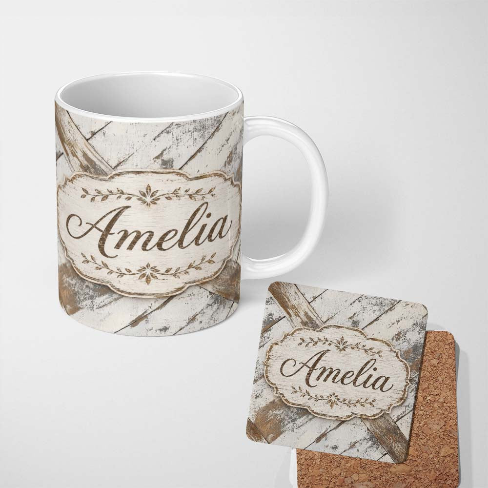 Personalized Custom Name Rustic Whitewashed Wood Plank Cross Beam Seamless Pattern Lovely 11oz Ceramic Coffee Tea Mug White Large Handle