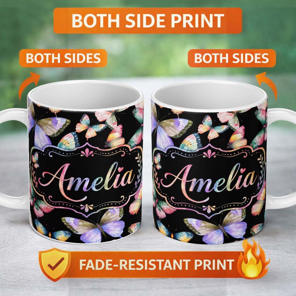 Personalized Custom Name Colorful Watercolor Butterflies on Black Background Seamless 11oz Ceramic Coffee Tea Mug White Large Handle