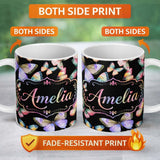 Personalized Custom Name Colorful Watercolor Butterflies on Black Background Seamless 11oz Ceramic Coffee Tea Mug White Large Handle
